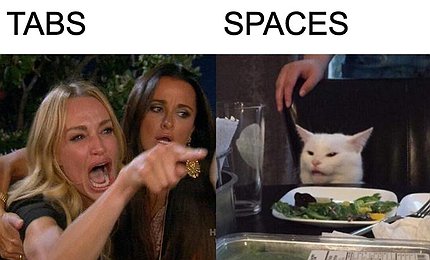 "Tabs vs Spaces", by Jan Wedel, https://imgflip.com/ license Tabs vs Spaces